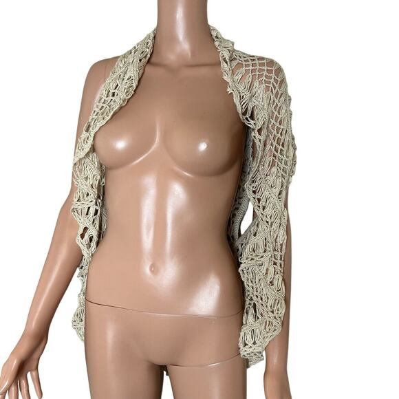 Sioni mesh crochet beige tan open front waterfall front SZ SM Swimsuit cover up - Picture 3 of 9